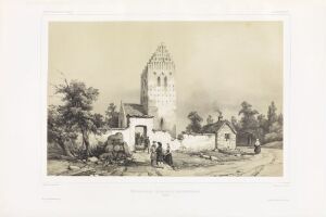  A vintage lithograph by Auguste Etienne François Mayer titled "Kirken i Ballerup ved København," showing a sepia-toned scene of a church with a tall steeple in Ballerup near Copenhagen, encircled by trees, smaller buildings, and a group of people in 19th-century attire enjoying a tranquil day.