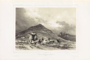  "Tumulus ved Udleire ved København" by Jacques Guiaud—a lithograph on paper featuring a monochromatic rural scene with a large burial mound dominating the composition, a few human figures, and animals at the foot of the hill under a dramatic cloudy sky.