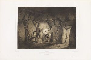  "Lithograph on paper by Jacques Guiaud titled 'Det indre av en tumulus ved Udleire i nærheten av København', depicting three figures exploring the shadowy interior of an ancient burial mound with a monochromatic color scheme emphasizing shades of gray, highlighting textures and forms within the space."