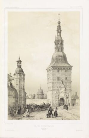  Monochromatic lithograph print by Auguste Etienne François Mayer titled "Hovedtårnet på Frederiksborg slott" portrays the main tower of the castle with detailed architecture and figures in the foreground on a clear day, rendered in grayscale tones emphasizing light and shadow.