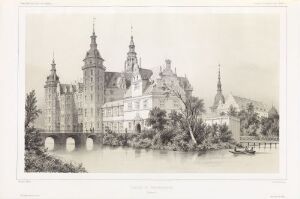  Monochromatic lithograph by Adrien Dauzats titled "Frederiksborg slott," depicting the detailed Renaissance architecture of Frederiksborg Castle, with a small rowboat on the water and trees in the background.