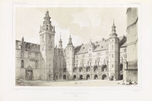  "Gården i Frederiksborg slott" by Adrien Dauzats, a lithograph on paper depicting a detailed monochromatic view of a courtyard within the Frederiksborg Castle, showcasing ornate architectural details and textures conveyed in shades of gray.