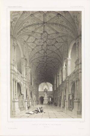  Monochromatic lithograph by Adrien Dauzats titled "Kapellet i Frederiksborg slott," depicting the interior of a grand chapel with a vaulted ceiling and congregants gathered on the floor, rendered in shades of gray that emphasize  light and architectural details.