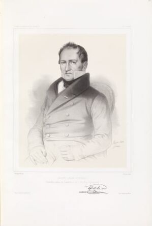  A lithograph on paper titled "Johan Gunder Adler" by artist Jacques Francois Gauderique Llanta, showcasing a monochrome half-length portrait of a man dressed in early to mid-19th-century attire, with a serious expression and a gently turned head, framed by a plain background and a clean paper border.