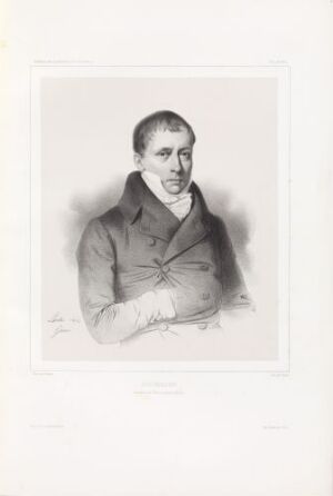  Black and white lithograph portrait by Jacques Francois Gauderique Llanta titled "Heinrich Christian Schumacher," showcasing a solemn middle-aged man with folded arms wearing a formal, high-collared shirt and double-breasted jacket, set against a plain background with a border of clean white paper.