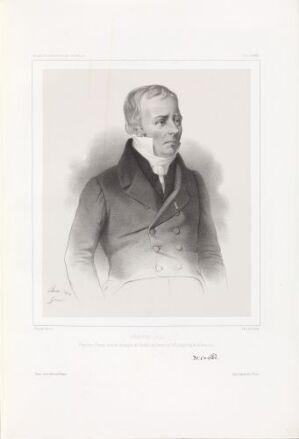  Lithograph on paper titled "Hans Christian Ørsted" by Jacques Francois Gauderique Llanta, featuring a detailed monochromatic portrait of Ørsted dressed in a 19th-century high-collared coat, looking contemplatively to the right, with a neutral background and a white border with inscriptions.