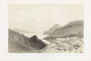  Monochromatic lithograph "Første utsikt over Torshavns omgivelser" by Léon Jean Baptiste Sabatier, depicting a serene and atmospheric view of rocky terrain leading to a mist-covered seascape under a calm, overcast sky.