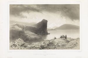  "Andre utsikt over Torshavns omgivelser" by Léon Jean Baptiste Sabatier is a lithograph depicting a stark landscape with a towering rock formation in the center, a tumultuous sky with contrasting clouds above, a still body of water below, and tiny figures on the right, rendered in a monochromatic palette of greys and blacks.