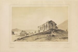  Sepia-toned lithograph on paper by Barthélémy Lauvergne depicting the ruins of Magnus Cathedral in Kirkjubøur outside of Torshavn, featuring a central image of the cathedral without a roof, surrounded by rolling hills and small, simple structures in a tranquil rural setting.