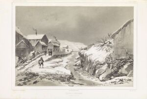  "Fra Torshavn" by Barthélémy Lauvergne is a lithograph on paper showing a grayscale scene of a small, wintery village with houses scattered among snowy paths. Two figures are visible in the tranquil, overcast setting, exuding a sense of calm isolation.