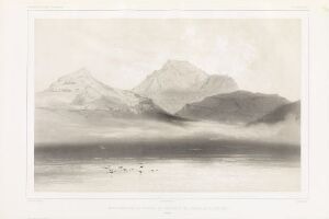  Black and white lithograph by Barthélémy Lauvergne titled "Skælingsfjall på Streymoy," featuring a tranquil scene of a mountain range, Skælingsfjall, with its reflection in a calm body of water in the foreground, and enveloped by mist or low clouds, rendered in grayscale tones.