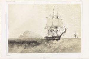  "Utenfor Nólsoy," a sepia-toned lithographic print on paper by Barthélémy Lauvergne, featuring a three-masted sailing ship at sea with billowing sails, a distant ship to the right, and a faint coastline to the left, all rendered in soft, fluid lines to evoke a historical maritime setting.