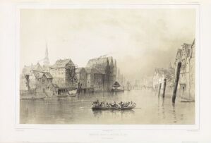  Monochromatic lithograph by Auguste Etienne François Mayer titled "Hamburg før brannen i 1840" on paper, depicting a serene river scene with a rowboat and passengers in the foreground, and a detailed cityscape with European architecture and spires along the waterfront under a soft, hazy sky in sepia tones.