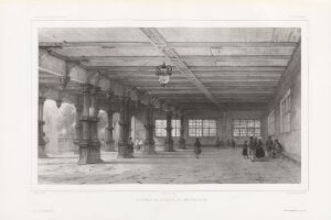  "Interiøret på børsen i Hamburg i 1838" - A black and white lithograph by Auguste Etienne François Mayer depicting the interior of the Hamburg Stock Exchange with figures milling about, tall columns, and large arched windows to the right casting light across the scene.