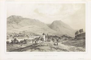  Lithograph titled "Bergen sett fra festningen nordvest for byen" by Auguste Etienne François Mayer, depicting a panoramic view of Bergen with subtle gradations of grayscale, showcasing the town's architecture with surrounding hills and mountains under a serene sky.