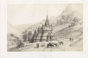  Black and white lithograph by Auguste Etienne François Mayer, titled "Borgund stavkirke," showing a historic Norse stave church with tiered roofs and crosses, surrounded by sloping hills, with people and horse-drawn carriages in the foreground.