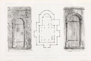  Architectural drawings by Auguste Etienne François Mayer titled "Portaler i og grunnplan over Borgund stavkirke," featuring two intricate portal designs with detailed carvings on the sides and a geometric floor plan of the Borgund Stave Church in the middle, all rendered in monochrome on paper.