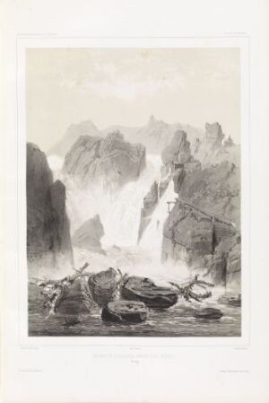  "Uglefoss i Bergen stift" by Frederik Hansen Sødring - A black and white lithograph on paper depicting a powerful waterfall flowing between high cliffs, with fallen logs and rocks in the foreground.