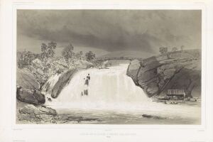  Black and white lithograph titled "Lysakerfossen ved Fåbro" by Auguste Etienne François Mayer, depicting the dynamic waterfall at Lysaker with a detailed rocky landscape, surrounding trees, and a cloudy sky. A small structure is seen near the falls, suggesting human presence in this tranquil scene.