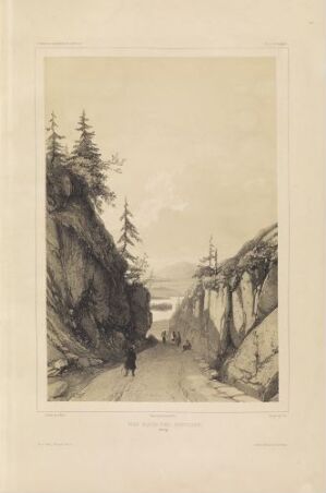  "Krokkleiva ved Sundvollen" - a grayscale lithograph on paper by Auguste Etienne François Mayer, depicting a narrow pathway winding between two rocky cliffs with sparsely forested sides and distant travelers, leading to a body of water framed by more land in the remote background.