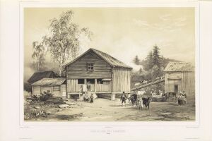  Lithograph on paper titled "Gården Vang ved Norderhov" by Auguste Etienne François Mayer, depicting a 19th-century rural scene with a wooden farmhouse, smaller buildings, several human figures, and horses with a carriage in monochromatic sepia tones, conveying a historical pastoral atmosphere.