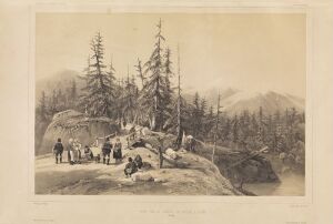  Black-and-white lithograph on paper by Arthus-Bertrand titled "Bro på veien fra Ådal til Lunner," depicting a group of people dressed in 19th-century attire gathered around a rocky outcrop amidst pine trees with distant mountains in the background, rendered in shades of grey to convey depth and texture.