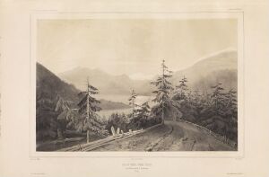  Lithograph titled "Randsfjorden ved Gran," by Auguste Etienne François Mayer, depicting a calm, monochromatic landscape with a body of water nestled among trees, surrounded by rolling hills that fade into the backdrop. The palette consists of various shades of grey, detailing a serene pastoral scene likely from the 19th century.