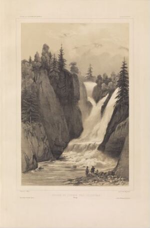  "Foss ved Lillehammer" by Auguste Etienne François Mayer - A monochromatic lithograph depicting a powerful waterfall between rocky cliffs with trees, possibly indicating a rugged area near Lillehammer, with a few small figures visible at the waterfall's base to show scale, rendered in shades of gray.