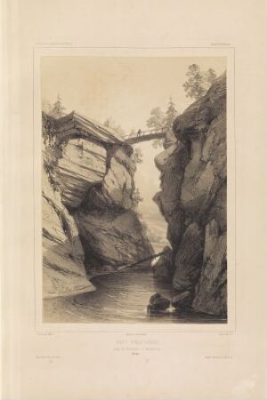  "Bro ved Løsnes" by Auguste Etienne François Mayer, a lithograph on paper depicting a rustic wooden bridge crossing a narrow gorge between towering cliffs, rendered in detailed shades of gray to convey texture and depth.