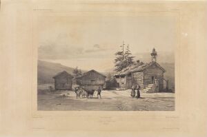  Lithograph by Auguste Etienne François Mayer titled "Hundorp" depicting a traditional Nordic stave church surrounded by wooden buildings with a small group of people and a horse-drawn sleigh in the foreground rendered in sepia tones to convey a sense of historical rural life.