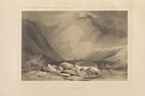  "Trebro ved Laurgård" by Auguste Etienne François Mayer, a monochromatic litograph on paper featuring a three-arched wooden bridge over a river amidst a mountainous landscape with rocks in the foreground and clouds in the sky.