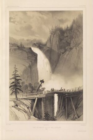  A lithograph by Auguste Etienne François Mayer titled "Trebro og foss ved Laurgård," showing a monochromatic landscape with a large waterfall on the left, a wooden bridge in the foreground, and a solitary figure standing on the bridge, all rendered in shades of black, white, and gray, evoking a sense of the sublime in nature.