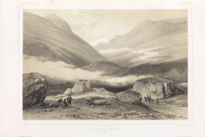  "Vårstien ved Kongsvoll" by Auguste Etienne François Mayer, a lithograph on paper depicting a springtime mountain landscape with travelers on paths, surrounded by large rocks, misty valleys, and towering, cloud-covered mountains.