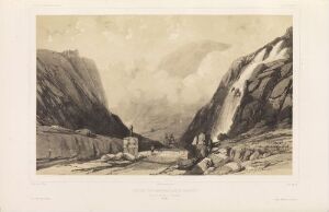  "Foss ved Vårstien, Kongsvoll" by Auguste Etienne François Mayer is a sepia-toned lithograph depicting a rocky, mountainous terrain with a large central waterfall cascading down adjacent to a small wooden building and several figures, suggestive of 19th-century rural Norway.