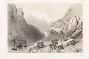  "Vårstigen mellom Kongsvoll og Drivstua," a black and white lithograph by Auguste Etienne François Mayer, showing a serene, mountainous landscape with a narrow path, towering rocks, and small human figures, rendered in varying shades of gray to convey depth and texture.