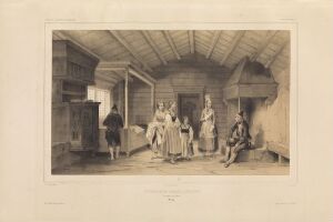  Lithograph on paper titled "Interiør fra Drivstua, brudedrakt" by Auguste Etienne François Mayer depicting a sepia-toned indoor scene with multiple figures dressed in traditional attire, suggesting a historic or cultural gathering, possibly a wedding. The artwork conveys an antique feel through the monochromatic color scheme and the rustic wooden interior, capturing a moment that feels both candid and culturally significant.