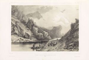  "Overfart over Gaula ved Soknes" by Auguste Etienne François Mayer, a monochrome lithograph on paper featuring a serene river scene with a small boat carrying people across Gaula River, surrounded by rugged terrain and towering mountains under a cloudy sky.