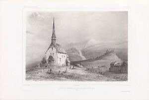  Monochromatic lithograph by Auguste Etienne François Mayer titled "Melhus kirke og kirkegård" depicting an old Nordic-style church with a tall spire and surrounding graveyard, set against gently rolling hills and a cloud-textured sky.