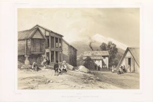  Lithograph on paper titled "Moshus på veien mellom Christiania og Trondheim" by Auguste Etienne François Mayer, depicting a rustic 19th-century Norwegian scene with wooden buildings, people engaging in conversation and daily activities, and a backdrop of majestic mountains. The artwork is rendered in sepia tones, conveying an antique, peaceful countryside setting.