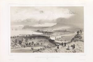  Monochromatic lithograph by Auguste Etienne François Mayer titled "Utsyn over Trondheim fra veien til Christiania", depicting a historic landscape view of Trondheim with figures in the foreground, a body of water in the mid-ground, and a detailed backdrop of the city, all rendered in shades of gray.