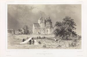  "Nidarosdomen sett fra syd" by Auguste Etienne François Mayer is a black and white lithograph depicting Nidaros Cathedral from the south with people in period clothes and natural surroundings, highlighting Gothic architectural details and a lively atmosphere.