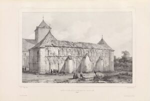  Black and white lithograph titled "En forfallen del av Nidarosdomen" by Auguste Etienne François Mayer, depicting an old, dilapidated Gothic structure with pointed arches and empty windows, a large tower to the left, and two figures near the building, all rendered on paper.