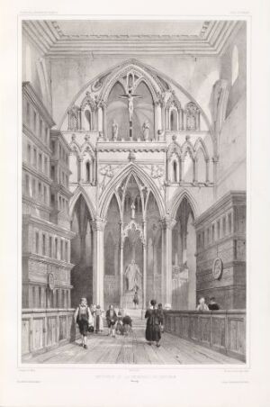  Lithograph by Auguste Etienne François Mayer titled "Nidarosdomens indre" depicting the interior of Nidaros Cathedral with intricate gothic architectural details, featuring vaulted ceilings and arches in grayscale, with several figures present, conveying a sense of grandeur and historical significance.