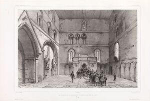  Lithograph on paper titled "Nidarosdomens indre sett mot syd" by Auguste Etienne François Mayer featuring a detailed monochromatic interior view of Nidaros Cathedral with vaulted ceilings, columns, and a small gathering of people toward the back, rendered in shades of gray through meticulous shading and hatching.