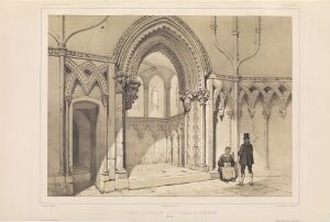  "Sidekapell i Nidarosdomen" - A lithograph by Adrien Dauzats depicting an interior view of a side chapel in the Nidaros Cathedral. The artwork features monochromatic sepia tones and showcases Gothic architectural details such as a grand archway and trefoil wall patterns. Two figures in period attire are visible, giving a sense of scale and human presence in the serene and historic space.