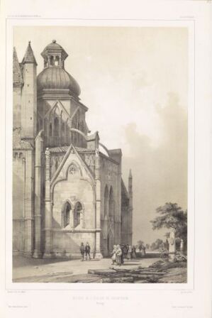  Lithograph titled "Nidarosdomens abside" by Auguste Etienne François Mayer, displaying a monochrome depiction of the apse of Nidaros Cathedral with detailed Gothic architecture and small figures in period clothing, conveying the grandeur and historical significance of the cathedral in shades of grey.