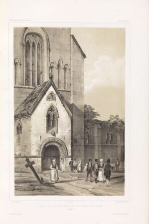  "Nidarosdomens nordportal" by Auguste Etienne François Mayer, a 19th-century lithograph on paper, depicting people in period clothing outside the Gothic northern entrance of Nidaros Cathedral in sepia tones.