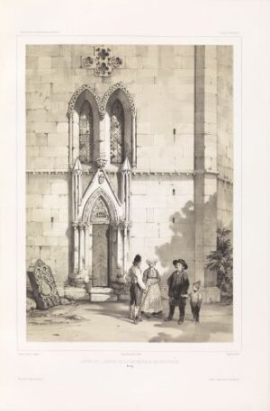  A black and white lithograph titled "Dør i Nidarosdomens abside" by Auguste Etienne François Mayer depicting a gothic arch doorway in a cathedral with three figures in conversation, ornate tracery, and evidences of construction or decay on a stone floor.