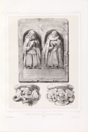  A lithograph by Auguste Etienne François Mayer titled "Gravmæle og kapiteler i Nidarosdomen," featuring two figures in Gothic niches and a decorated architectural capital in a grayscale palette.