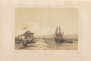  Monochromatic lithograph on paper titled "Tårnet på Munkholmen ved Trondheim" by Auguste Etienne François Mayer, depicting a historical maritime scene with a central sailship in calm water, a prominent tower to the left with a raised flag, and faint outlines of a distant shore to the right.